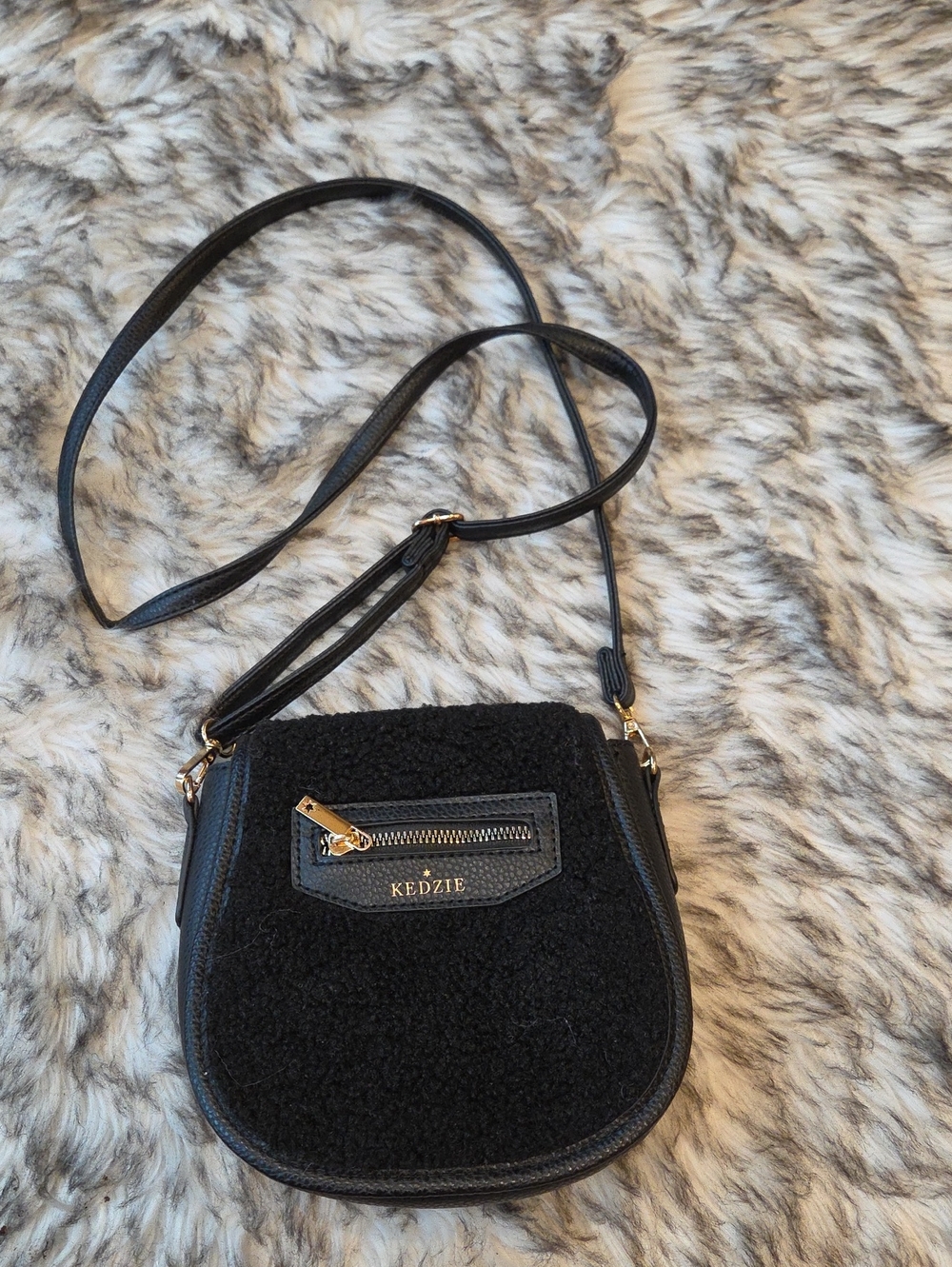 Kedzie Black Faux Fur And Pink Animal Print Interior Crossbody Bag Like New